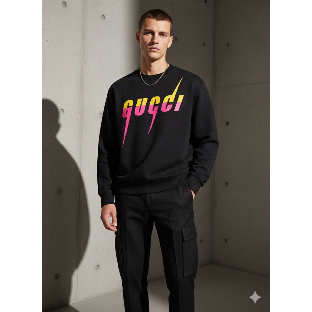 Gucci Blade‎ Logo Sweatshirt Black Pink Yellow Bicolor 715919 Mens Size L NWT